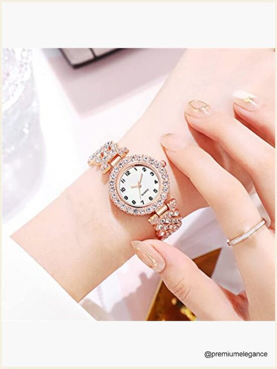 Luxury Diamond Dial Quartz Wrist Watch Set with Bangle Bracelet main image 4